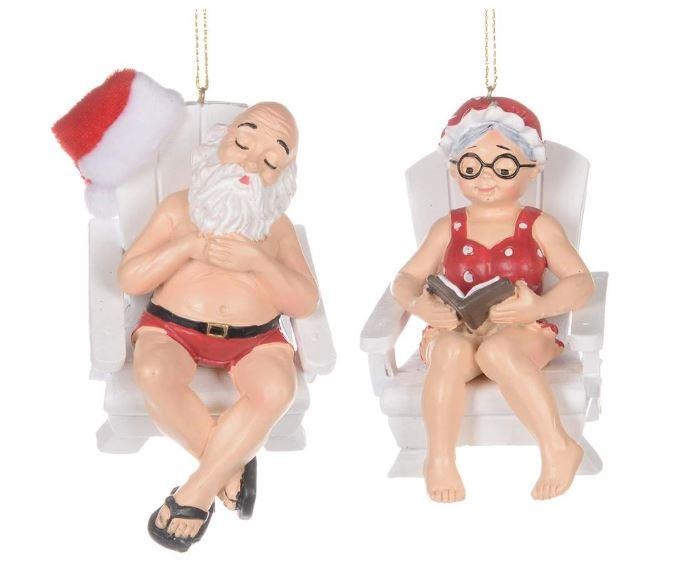 Assorted Sunbathing Santa And Mrs. Claus Ornament, INDIVIDUALLY SOLD