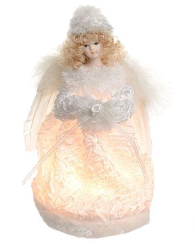 9.5" Lit Angel In Silver And White Dress Tree Topper