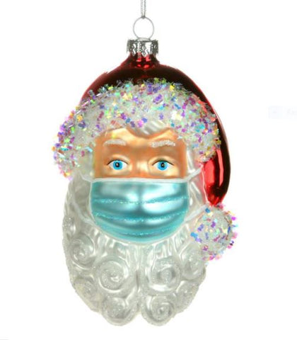 COVID Glass Santa Face With Mask Ornament