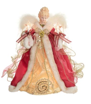 12" Lit Angel In Red And Gold Dress Tree Topper