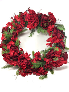 26" Red Hydrangea And Cedar Wreath