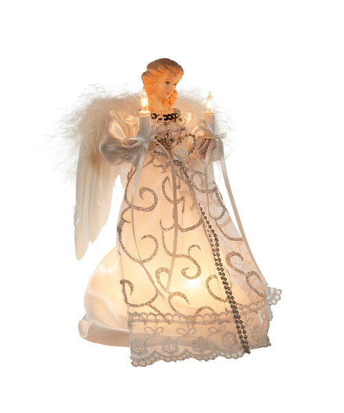 9" Lit Angel In Silver And White Dress Tree Topper
